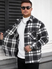 Manfinity CasualCool 男士長袖單排扣格紋襯衫外套，正式款 - 黑與白 - 查看 7