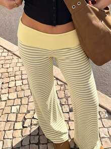 Tween Girls Streetwear Cool Tween Girl Versatile Vintage Y2K Flared Long Pants Green Striped Pattern - White - View 3