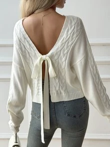 DAZY Women's White V-Neck Cardigan Sweater, Backless With Bowknot, Cable Knit, Loose Casual Commuter Street Date Style, Autumn/Winter - White - View 3