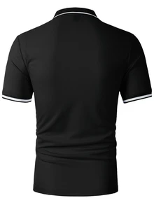 Calvornis 男士對比飾邊鈕扣 Polo 衫，休閒夏季短袖上衣，高爾夫球衫，正式場合、儀式適用 - 黑色 - 查看 2