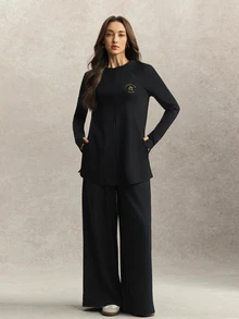 Activina Women's Muslim Modest Autumn Long Sleeve Activewear Set Loose Crew Neck Top Wide Leg Pants 2 Piece Yoga Gym Casual Outfit - Black - View 5