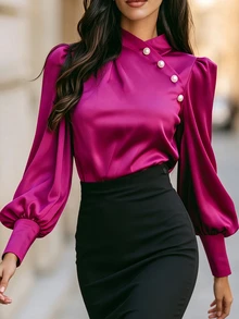 RosyDaze Women's Solid Color Faux Pearl Button Design Long Sleeve Elegant Blouse - Hot Pink - View 5