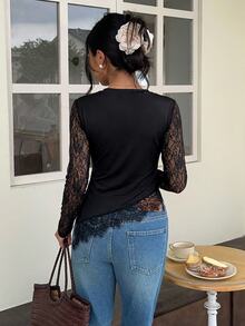 SHEIN Frenchy 女款蕾絲拼接性感約會長袖T恤，秋冬優雅正式奢華商務時尚基礎款，聖誕返校節慶適用 - 黑色 - 查看 2
