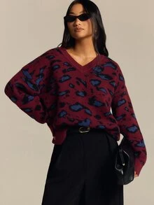 COSMINA Women's V-Neck Leopard Print Casual Versatile Daily Wear Long Sleeve Sweater - Multicolor - View 3