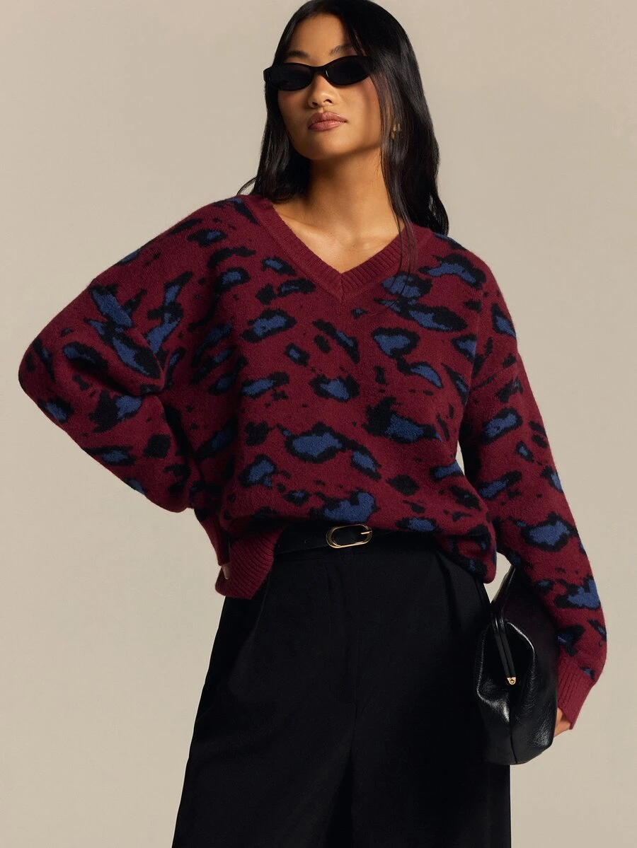 COSMINA Women's V-Neck Leopard Print Casual Versatile Daily Wear Long Sleeve Sweater - Multicolor - View 1