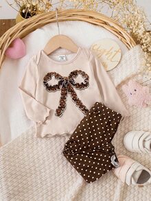 SHEIN 新生兒嬰兒蝴蝶結印花長袖上衣與波點長褲家居服 - 米色 - 查看 4