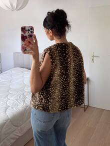 SHEIN EZwear Women's Brown Animal Print Faux Fur Vest - Coffee Brown - View 3