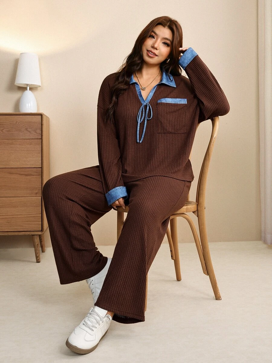 Edennvi Plus Size Women's Patchwork Denim Effect Print Lapel Front Tie Long Sleeve Top And Pants 2 Pieces Set Fall Homewear Vacation Brown Casual Cargo - Multicolor - View 1