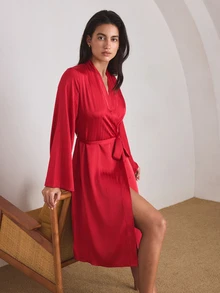 Ocili Women's Elegant Glossy Satin Minimalist Long Robe - Burgundy - View 2
