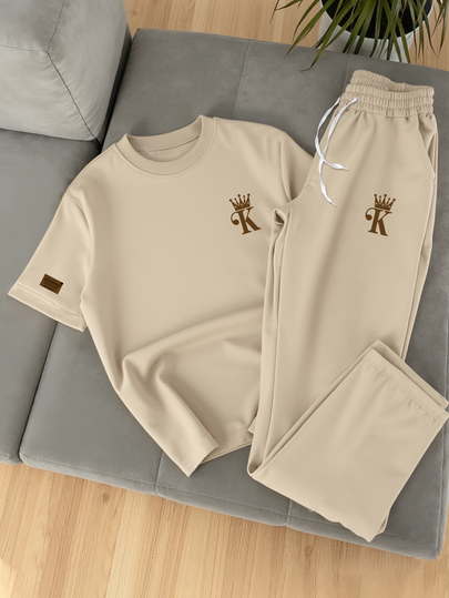 NEOREFINED Men's Casual 2 Pieces Outfit, Crown K Logo Print Short Sleeve T-Shirt + Straight Leg Loose Casual Pants