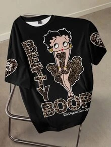 Betty Boop x SHEIN 女款字母卡通圖案休閒日常短袖T恤 - 白色 - 查看 1