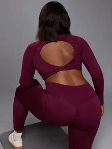 Voyena Women's Plus Size Solid Color Backless Long Sleeve Top And Leggings Casual Daily Sports Set - Purple - View 1