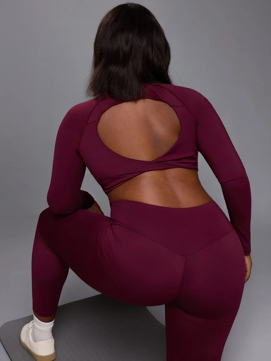 Voyena Women's Plus Size Solid Color Backless Long Sleeve Top And Leggings Casual Daily Sports Set - Purple - View 1