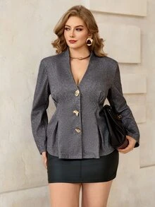Roveilla Plus Size Woven High Neck Deep V-Neck Long Sleeve British Style Elegant Casual Slim Waist Ruched A-Line Commuter Jacket Office Formal Grey Fall - Grey - View 5