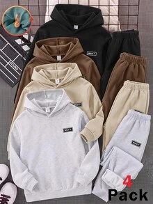 SHEIN 4件組兒童青少年男孩休閒多功能運動長褲，棕色、灰色、杏色、黑色，適合通勤、上學、日常休閒穿著、運動，秋冬款 - 彩色 - 查看 1