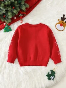 兒童中性款小男孩/小女孩秋冬保暖內裡加厚可愛馴鹿聖誕毛衣 - 紅色 - 查看 2