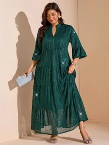 Comfylo 大尺碼女款綠色亮片閃亮派對晚禮服，聖誕節秋季度假穿搭 - 墨綠色 - 查看 5