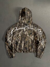 StoneGrade Sudadera con capucha corta y holgada para hombre con estampado de camuflaje de ramas de la jungla y fuente manuscrita curva de moda casual