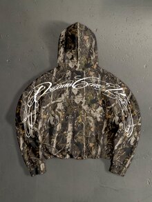 StoneGrade Men's Jungle Branch Camo Curved Handwritten Font Fashion Casual Print Cropped Loose Fit Hoodie - Army Green - View 1