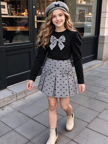 SHEIN Tween Girls Puff Long Sleeve Bow Top And Pleated Skirt Two Pieces Preppy Outfit Set - Multicolor - View 7