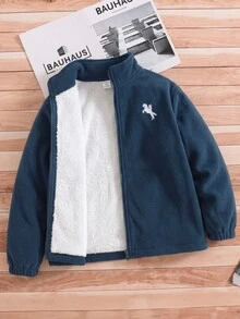 SHEIN 兒童青少年男孩可愛秋冬抓絨立領夾克，深藍色，適合室內、戶外、日常、運動、玩耍、派對、攝影、度假、節日、嘉年華 - 藏蓝色 - 查看 5