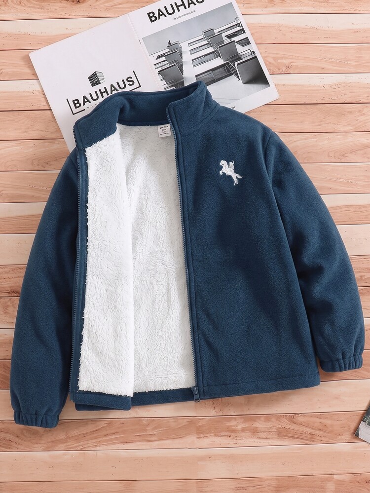 SHEIN Kids Tween Boy Cute Autumn/Winter Fleece Stand Collar Jacket, Dark Blue, Suitable For Indoor, Outdoor, Daily, Sports, Play, Party, Photography, Vacation, Holiday, Carnival - Navy Blue - View 5
