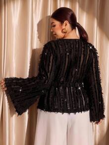 Cravure Plus Size Women's Fashion Elegant Best Friend Party Lace Asymmetric Hem Simple Inner Layer Long Sleeve Top - Black - View 2