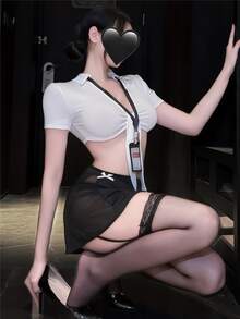 Dansine Sexy Lace Trim Short Sleeve Cropped Secretary Cosplay Uniform Student Outfit Lingerie Set - Black and White - View 6