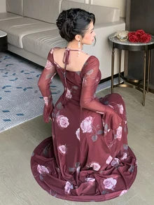 DAZY Women's Floral Print Sweetheart Neck Halter Flared Sleeve Elegant Dress - Burgundy - View 2