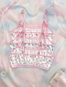 Eraneu Women's 3 Pieces Sweet Floral Pink Lace Lingerie Set - Multicolor - View 2