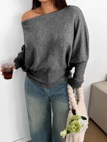 Sunnyshic Plus Size Sexy Off-Shoulder Solid Color Knit Sweater Fall - Dark Grey - View 5
