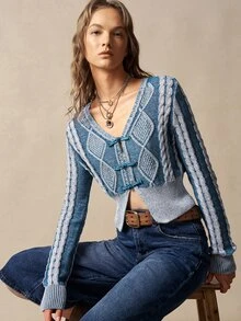 Bohemela Fall/Winter,Women's Washed V-Neck Long Sleeve Mixed Blue Wool Twisted Rope Chinese Knot Knit Cardigan,Twist Special Dye Technique,Frog Toggle Button - Blue and White - View 1