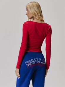 MUSERA Graphic Printed V Plunge Fitted Long Sleeve Top Cute Daily Vintage Y2K Back To School Primary - Red - View 5