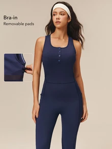 OutZeal Jumpsuit Wanita Terusan untuk Aktivitas Luar Ruangan, Gym, Yoga, dan Olahraga, Dilengkapi Bra dengan Bukaan Tersembunyi yang Mudah Diakses dan Potongan Kaki Melebar. - Navy Blue - View 3