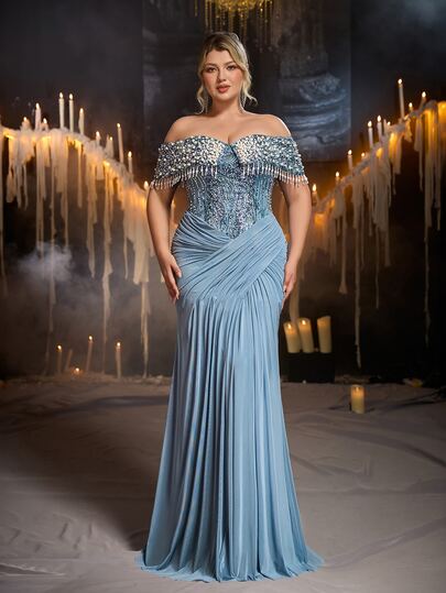 Glamrae Plus Size Elegant Luxurious Blue Beaded Sequin Embroidered Lace Pearl Diamond Patchwork Elastic Knit Mesh Mermaid Skirt With Tassel Sleeve Design, Suitable For Wedding, Party, Bachelor Party, Vacation, Ball, Evening Gala (Heavy Workmanship Style)