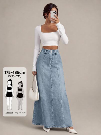 SHEIN Tall Длинная джинсовая юбка с высокой талией, светло-голубой стиркой, обычного кроя, с двумя пуговицами, в повседневном стиле, для высоких женщин
