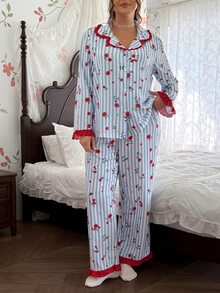 CottageSlumber Plus Size Women's Striped Floral Print Long Sleeve & Long Pants Pajama Set, Ruffle Trim, Romantic Pastoral Style, Comfortable Home Sleepwear Set - Blue - View 5