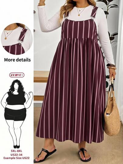 SHEIN CURVE+ Plus Size Women's Striped Pleated Casual Everyday Summer Strap Dress