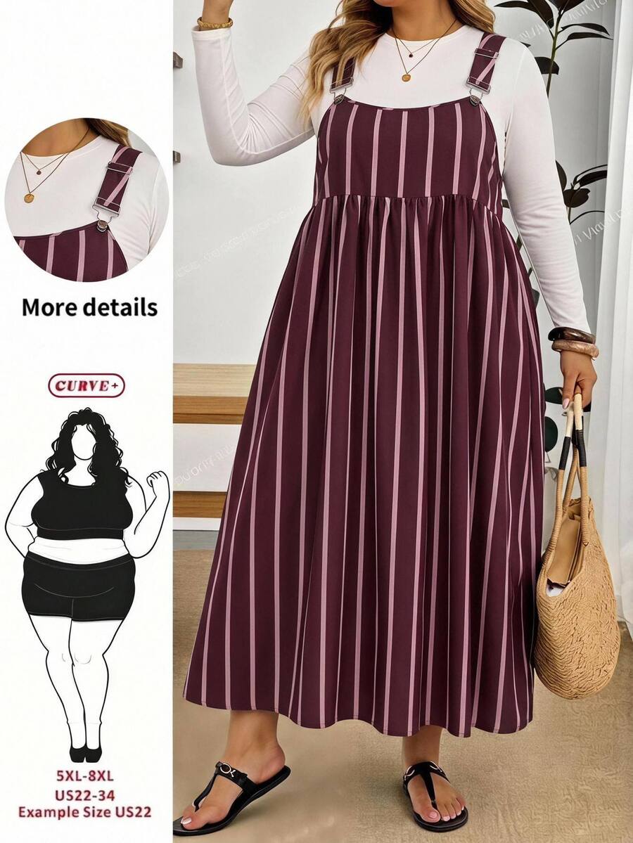 SHEIN CURVE+ 大尺碼女款條紋百褶休閒日常夏季細肩帶洋裝 - 彩色 - 查看 1