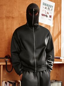 SWAVVY 男士針織時尚休閒寬鬆版型長袖連帽衫，附英文刺繡 - 黑色 - 查看 2