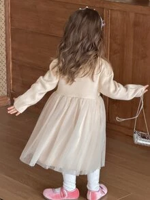 DAZY Infant/Toddler (Girl) Round Neck Mesh Patchwork Korean Style Long Sleeve Patchwork Dress - Apricot - View 2