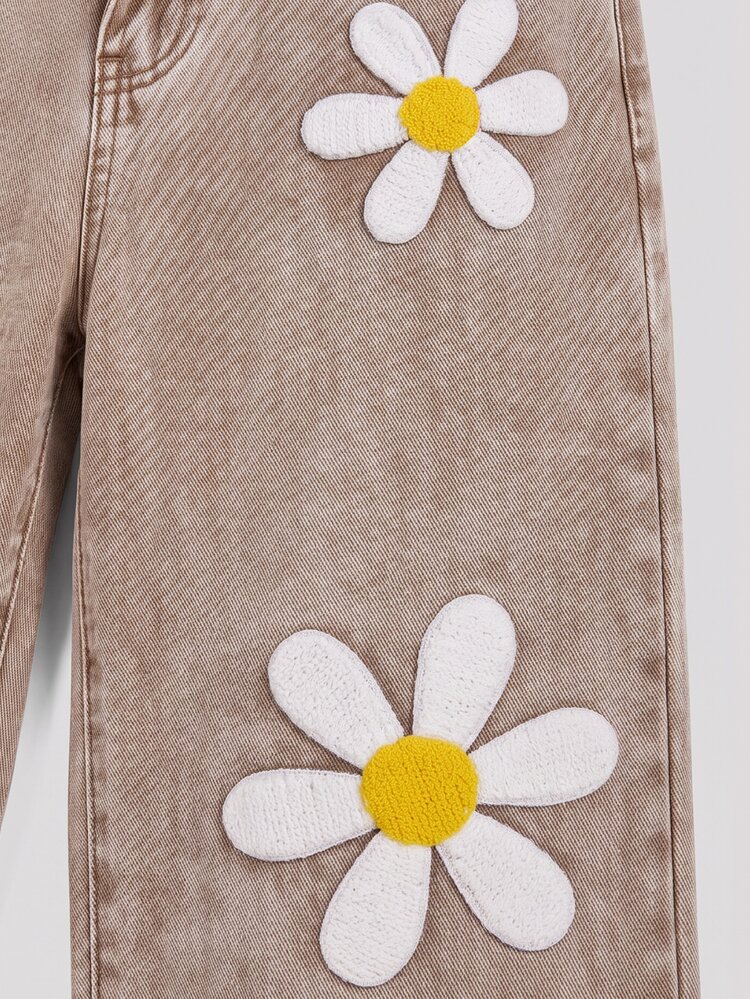SHEIN Big Girls Cute Daisy Flower Pattern Wide Leg Denim Jeans, Elastic Waist Brown Washed Denim Pants, Fashionable Autumn Back To School Style Casual Long Pants For Girls - Coffee Brown - View 5
