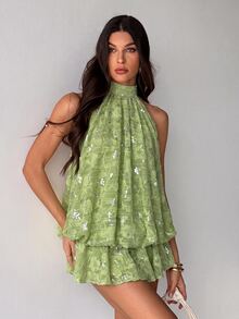 SHEIN Tall Spring/Summer Solid Color Sequin Cold Shoulder Women's Mini Dress - Green - View 6