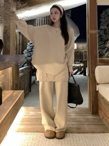 DAZY Women's Round Neck Long Sleeve Korean Style Elegant Sweater 2 Pieces Set - Khaki - View 4