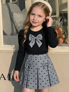 SHEIN Tween Girls Puff Long Sleeve Bow Top And Pleated Skirt Two Pieces Preppy Outfit Set - Multicolor - View 3
