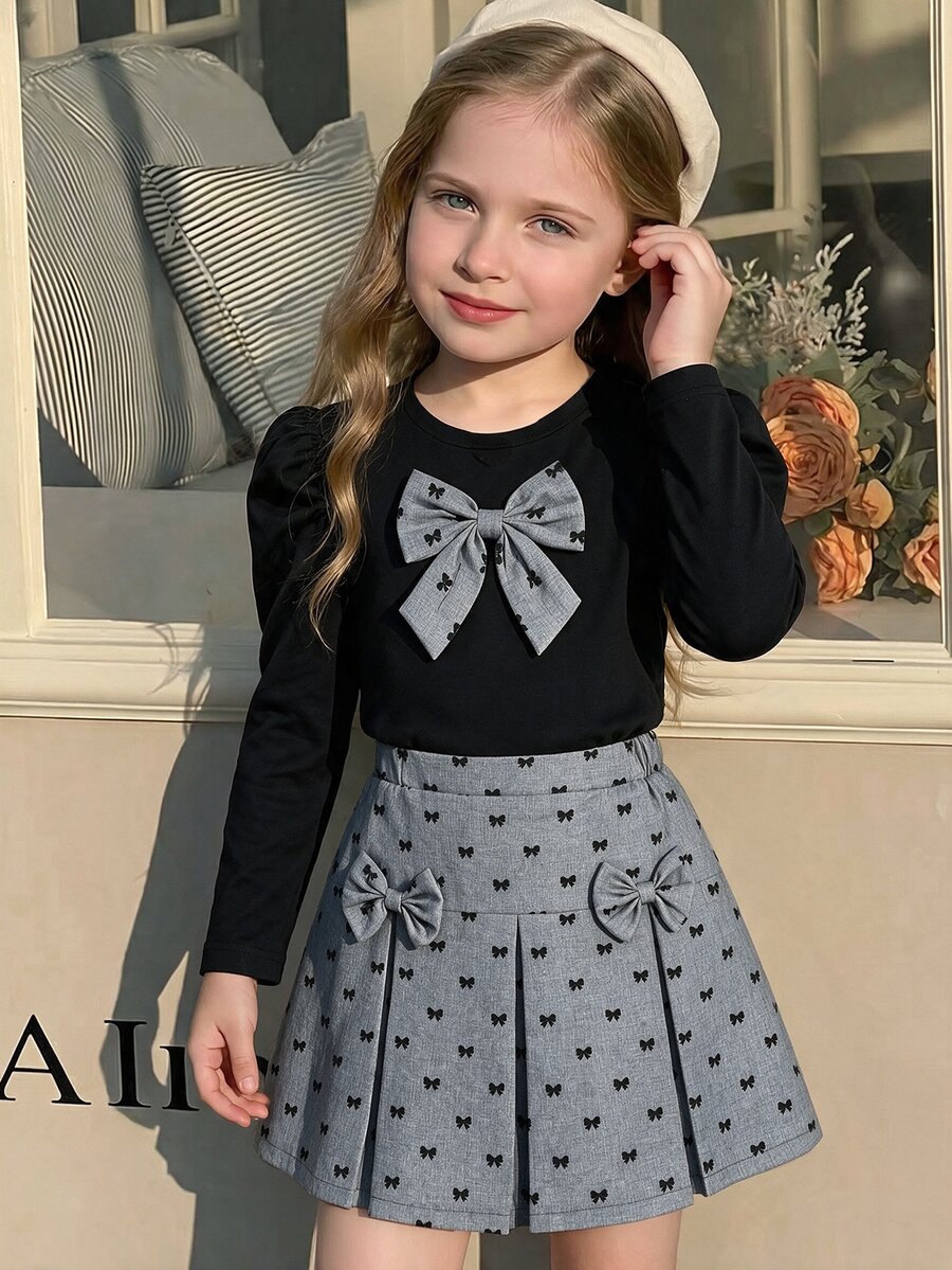 SHEIN Tween Girls Puff Long Sleeve Bow Top And Pleated Skirt Two Pieces Preppy Outfit Set - Multicolor - View 1