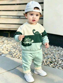 1套嬰兒/幼兒拼色拼接卡通恐龍印花運動衫套裝，清新森系童趣設計，可愛腕龍與劍龍組合，上衣+收口長褲2件套，適合戶外散步、拍照，春/秋季男嬰休閒穿著，方便媽媽搭配 - 彩色 - 查看 3