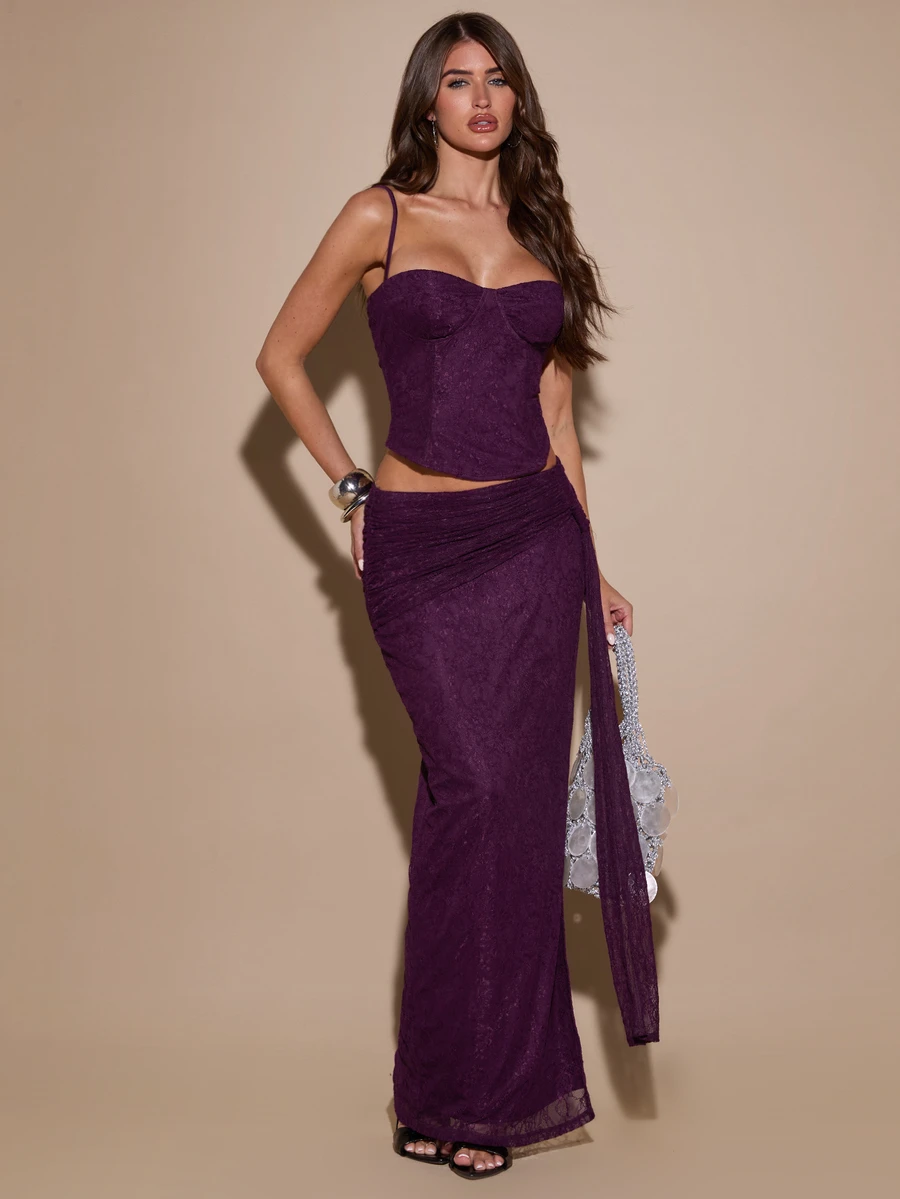 SHEIN BAE ملابس علوية كامي دانتيل بتصميم كورسيه وتنورة مجعدة للموعد والحفلة - الأرجواني - مشاهدة 1