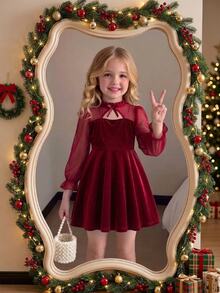 Young Girls Velvet Mesh Long Sleeve Dress, Bow Neck Cutout A-Line Flared Dress, Red Princess Party B - Red - View 4
