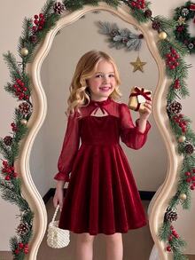 Young Girls Velvet Mesh Long Sleeve Dress, Bow Neck Cutout A-Line Flared Dress, Red Princess Party B - Red - View 1